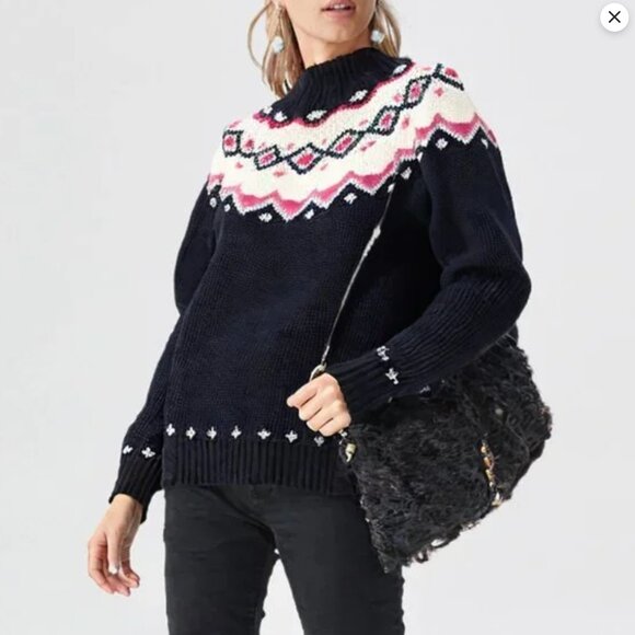 Vintage St Michael Fair Isle Wool Blend Sweater Pullover Navy Blue White Pink - Picture 5 of 13